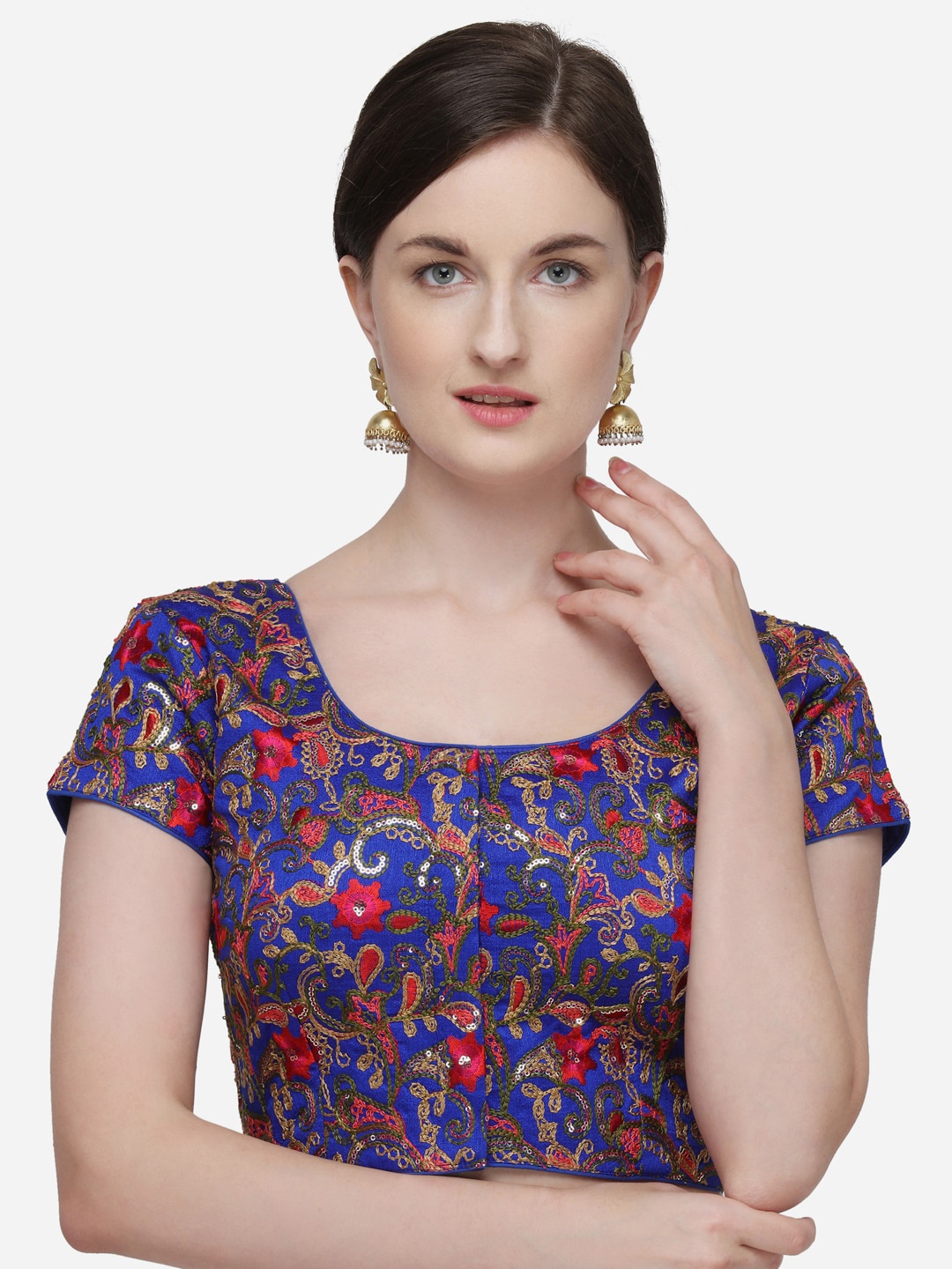 

Fab Dadu Embroidered Round Neck Silk Saree Blouse, Blue