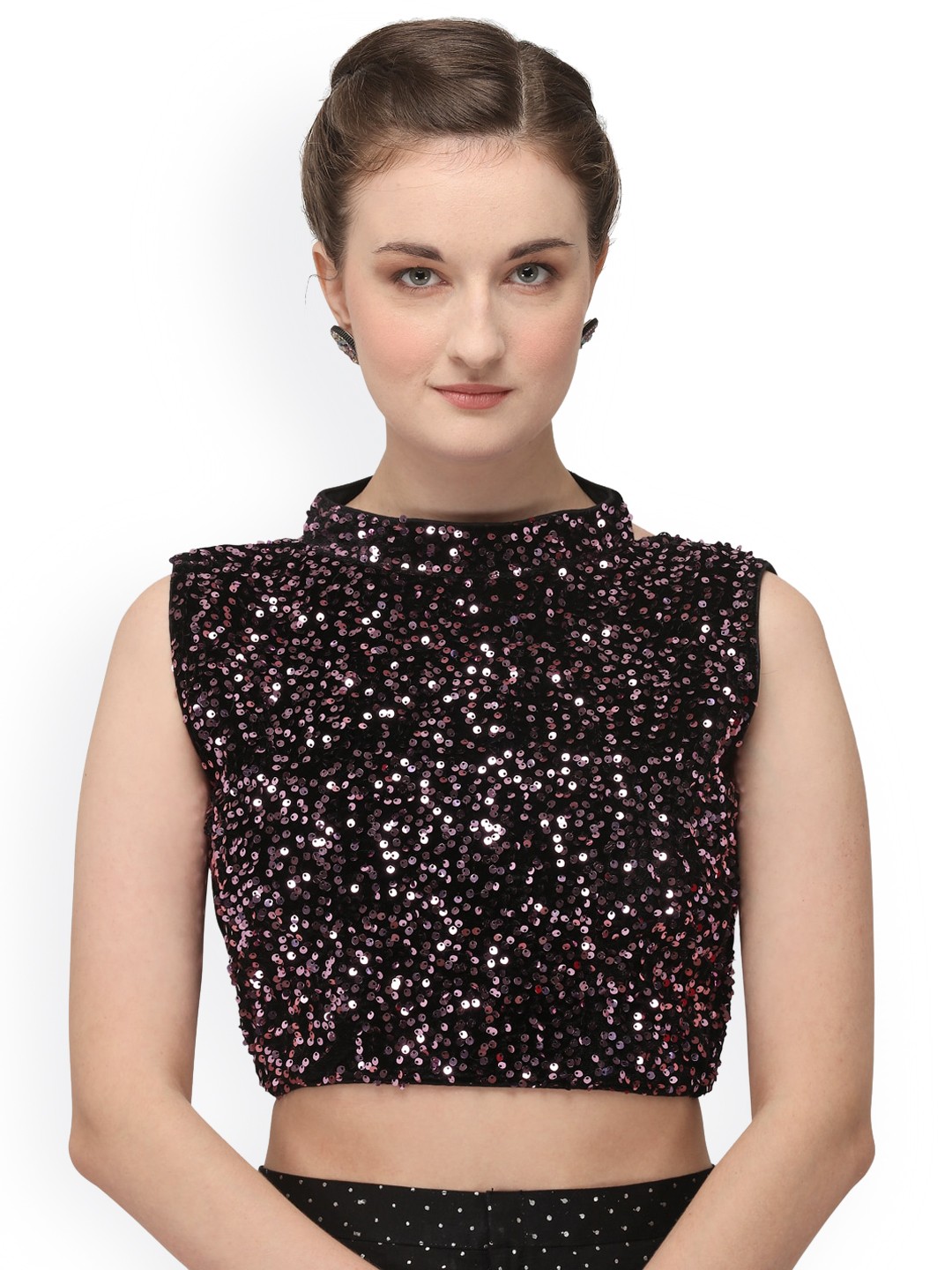 

Fab Dadu Sequin Embroidered Velvet Sleeveless Blouse, Purple