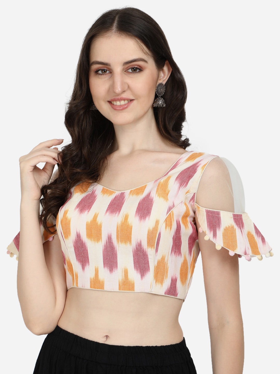

Fab Dadu Ikat Printed Cotton Sweetheart Neck Saree Blouse, Off white
