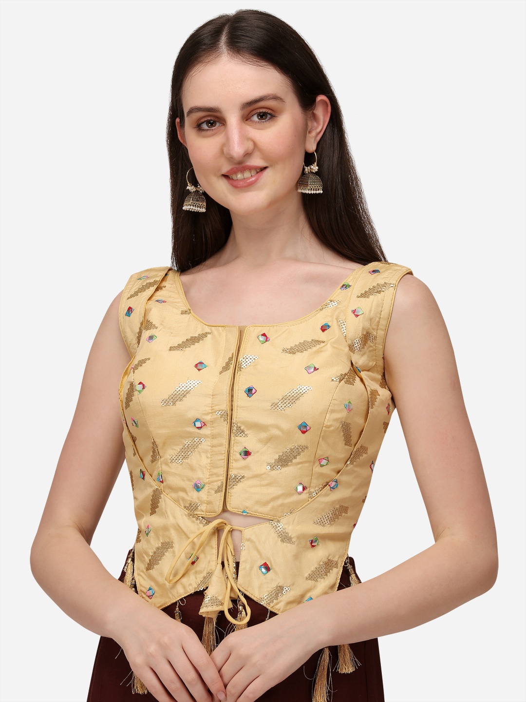 

Fab Dadu Mirror Work Embroidered Silk Saree Blouse, Beige