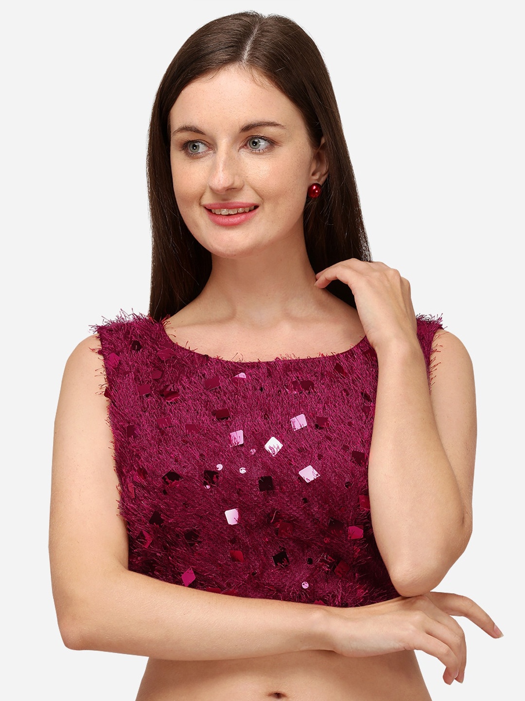 

Fab Dadu Embellished Sequenced Silk Saree Blouse, Red