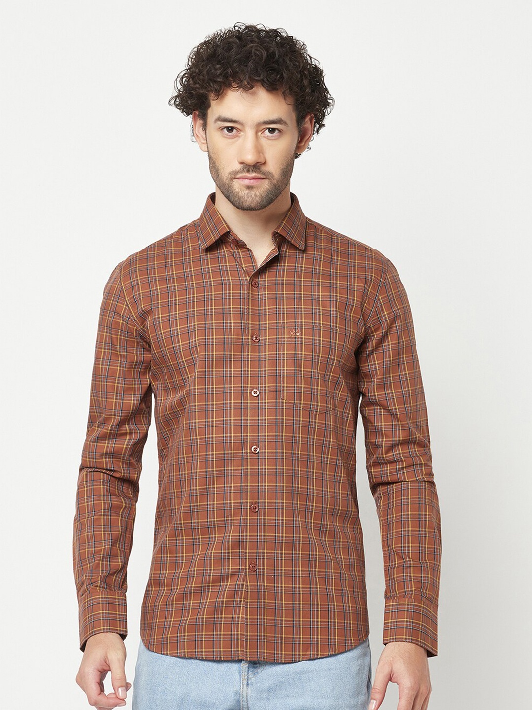 

Crimsoune Club Slim Fit Checked Pure Cotton Casual Shirt, Brown