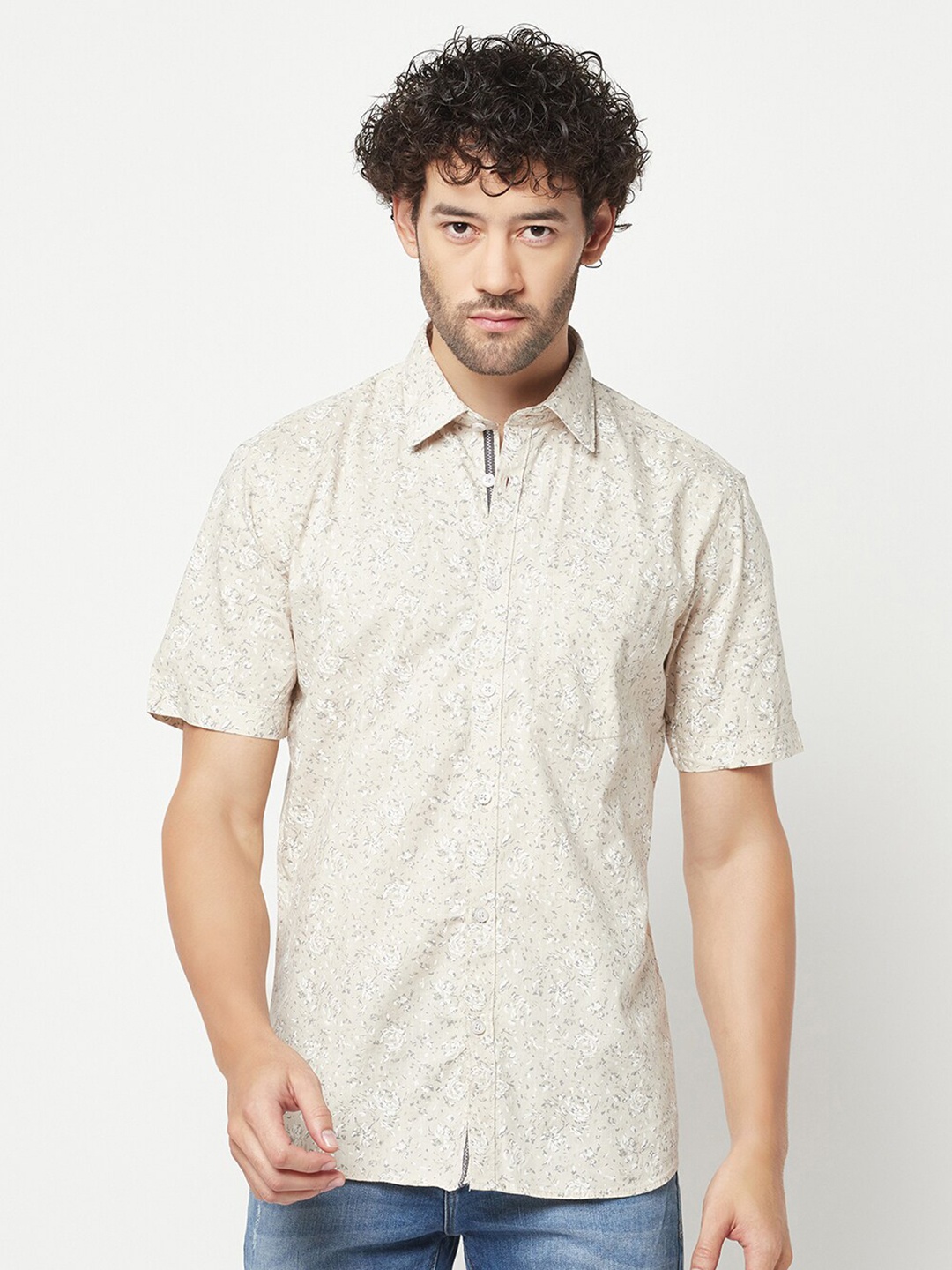 

Crimsoune Club Slim Fit Abstract Printed Pure Cotton Casual Shirt, Beige