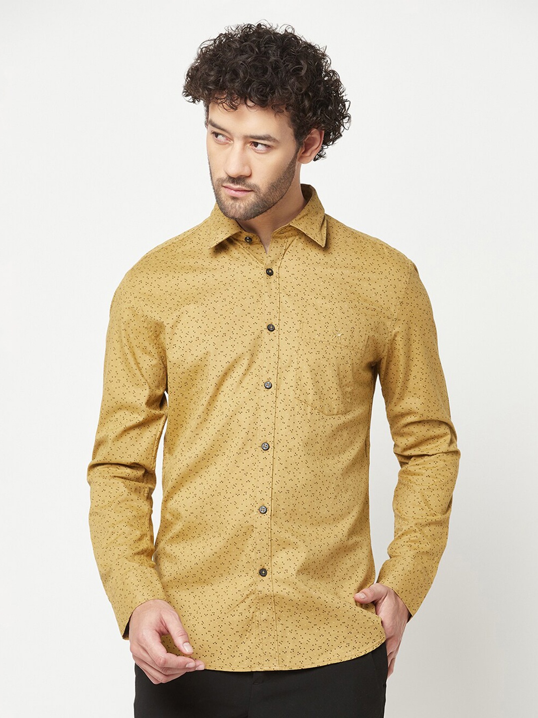 

Crimsoune Club Slim Fit Micro Ditsy Printed Pure Cotton Casual Shirt, Beige
