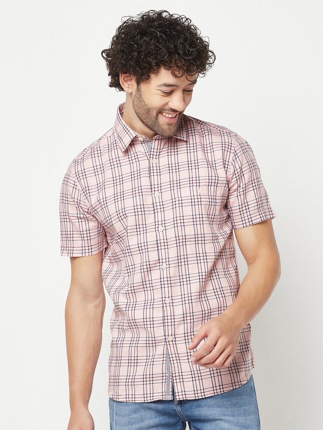 

Crimsoune Club Slim Fit Checked Pure Cotton Casual Shirt, Peach