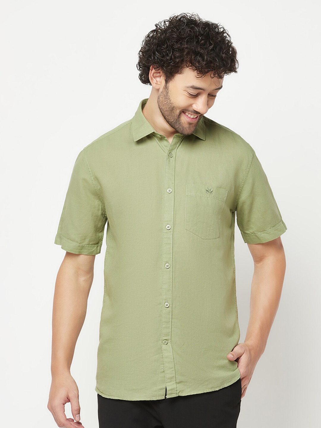 

Crimsoune Club Spread Collar Cotton Linen Casual Shirt, Green