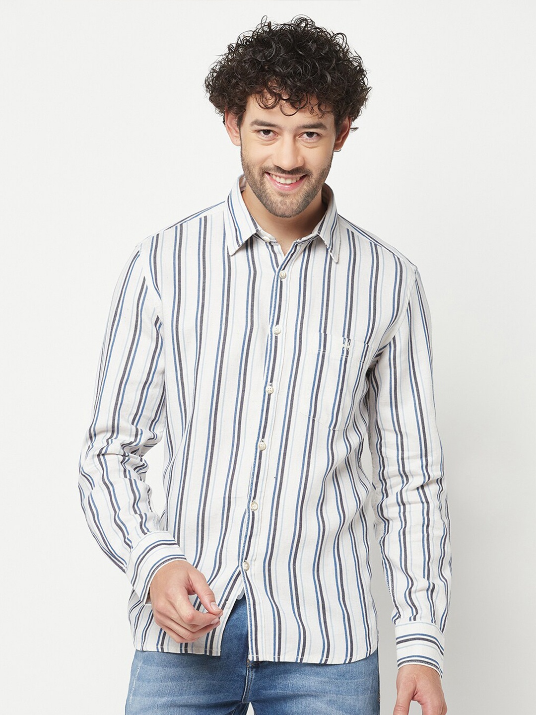 

Crimsoune Club Slim Fit Striped Cotton Linen Casual Shirt, Blue