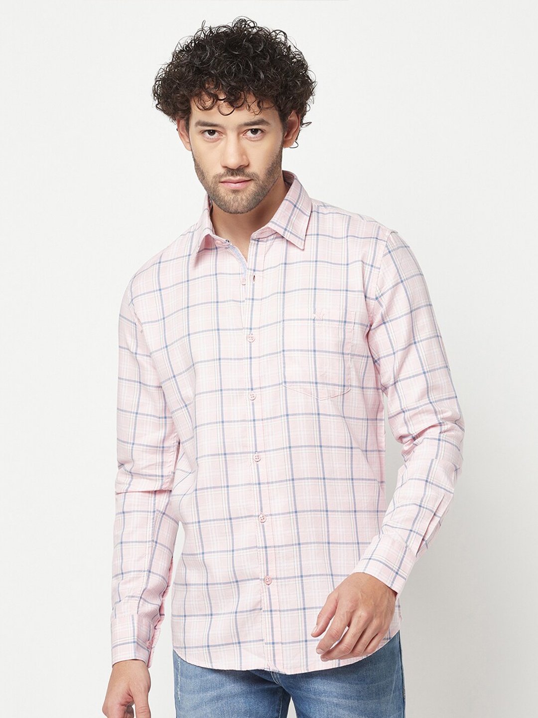 

Crimsoune Club Slim Fit Windowpane Checked Pure Cotton Casual Shirt, Pink