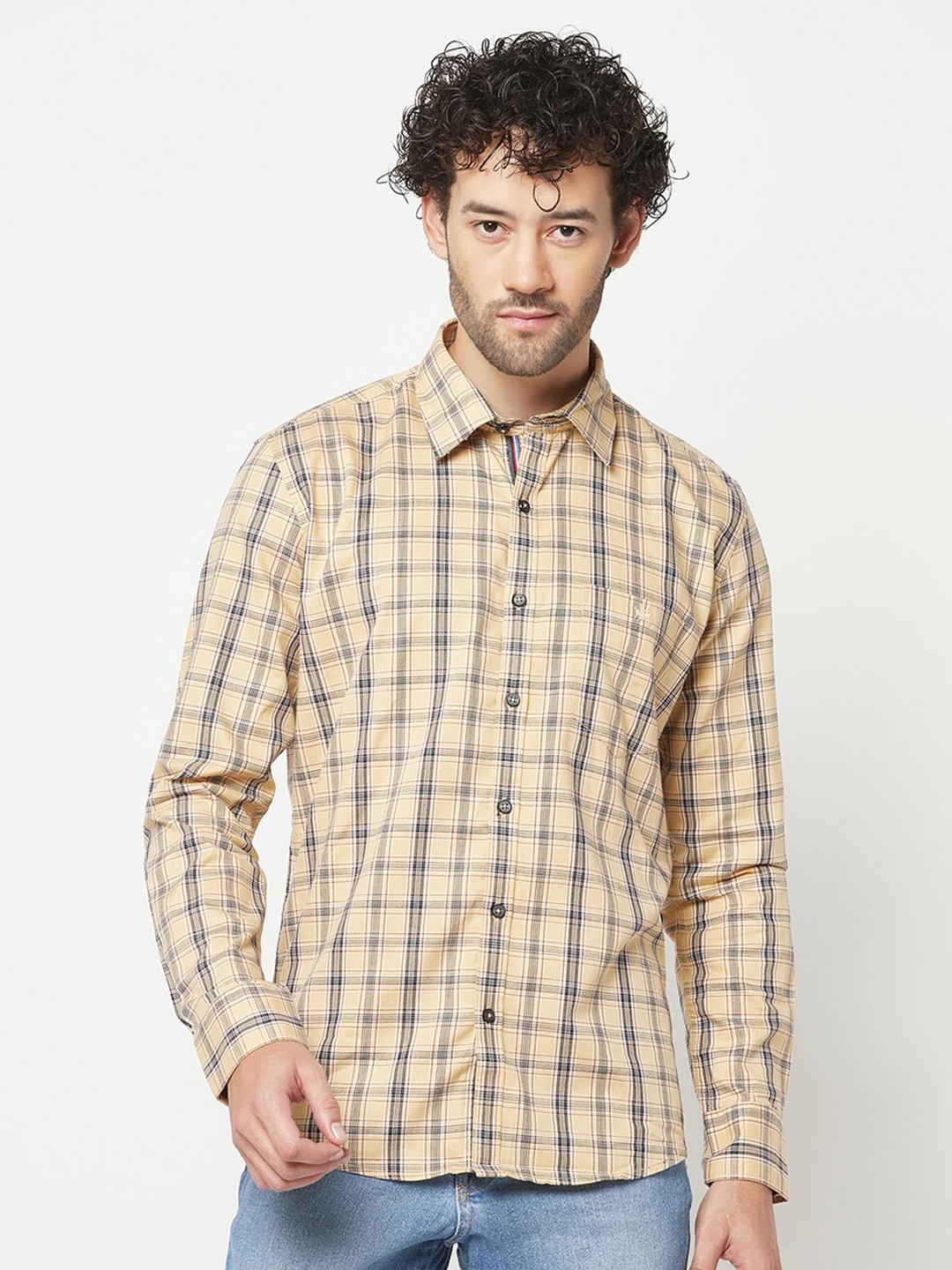 

Crimsoune Club Checked Pure Cotton Slim Fit Casual Shirt, Beige