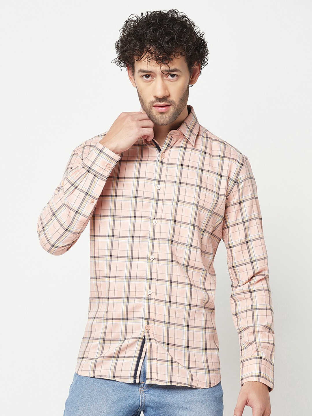 

Crimsoune Club Slim Fit Checked Pure Cotton Casual Shirt, Peach