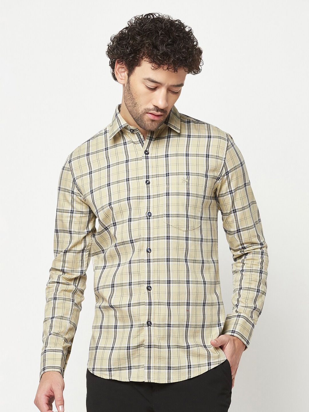 

Crimsoune Club Slim Fit Tartan Checked Pure Cotton Casual Shirt, Olive