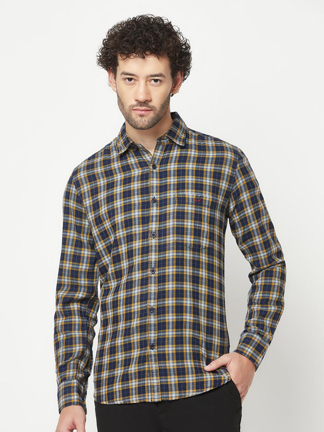 

Crimsoune Club Tartan Checked Pure Cotton Slim Fit Casual Shirt, Navy blue