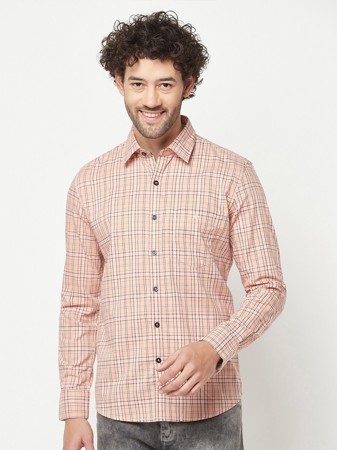 

Crimsoune Club Checked Pure Cotton Slim Fit Casual Shirt, Peach