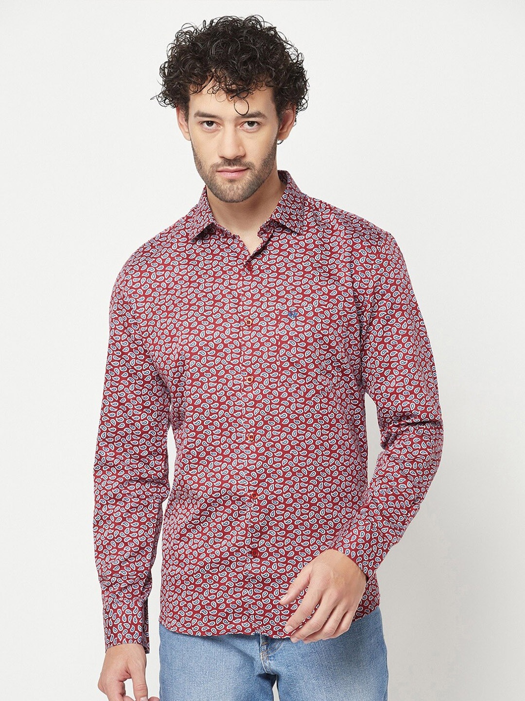 

Crimsoune Club Slim Fit Abstract Printed Pure Cotton Casual Shirt, Maroon