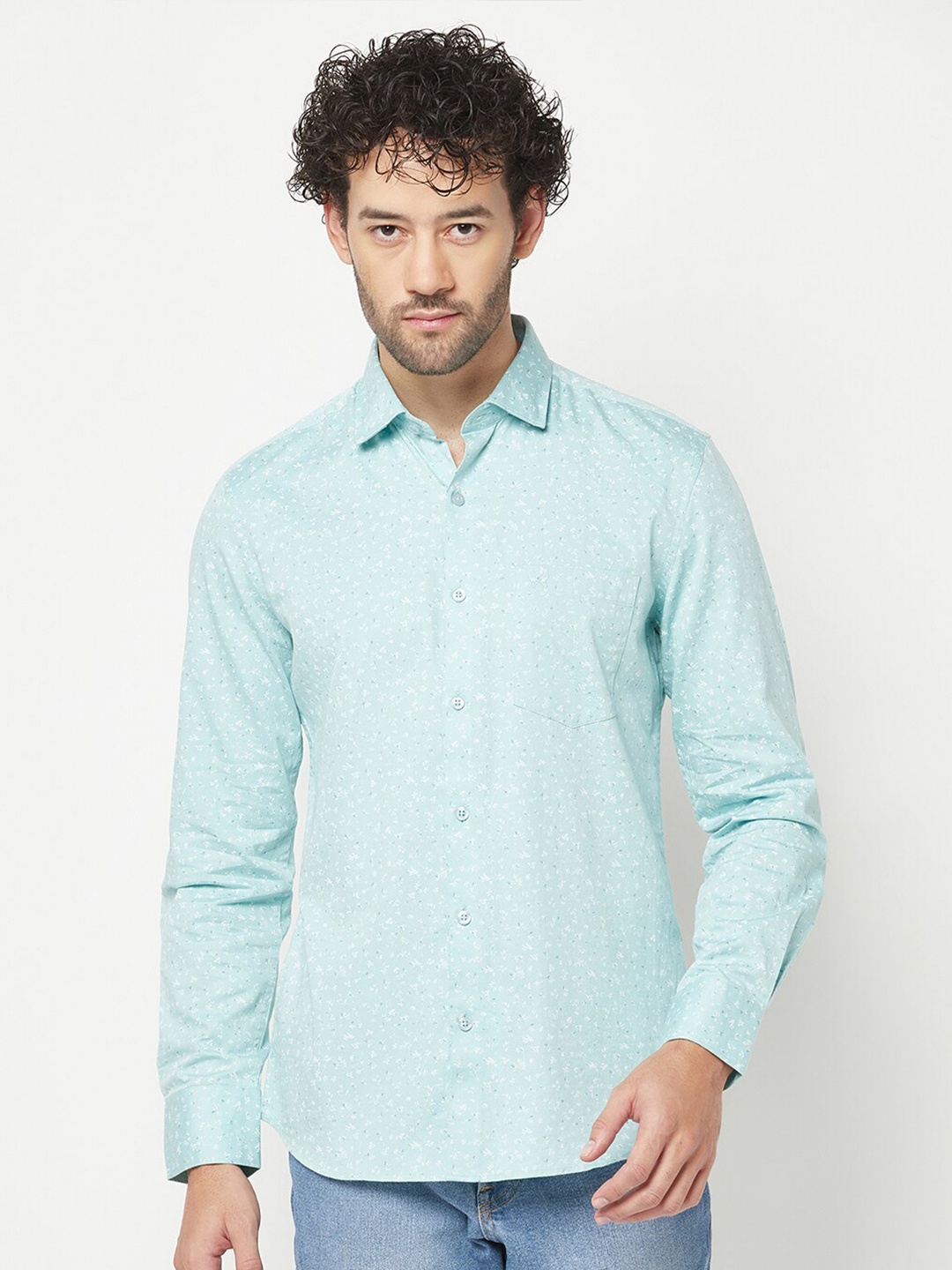 

Crimsoune Club Micro Ditsy Printed Pure Cotton Slim Fit Casual Shirt, Blue