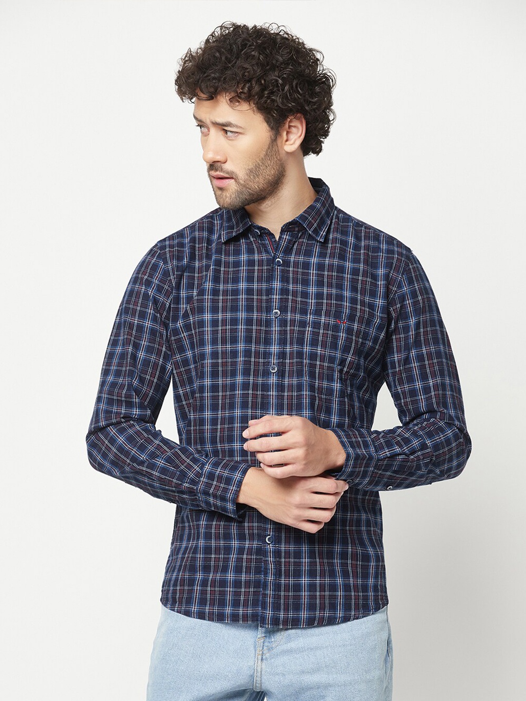 

Crimsoune Club Slim Fit Tartan Checked Pure Cotton Casual Shirt, Navy blue