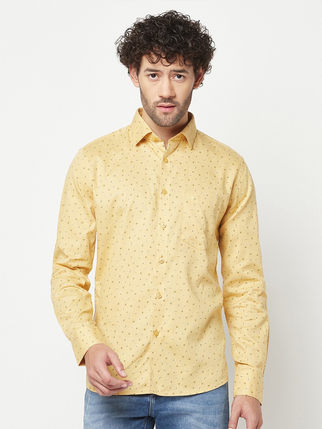 

Crimsoune Club Micro Ditsy Printed Pure Cotton Slim Fit Casual Shirt, Yellow