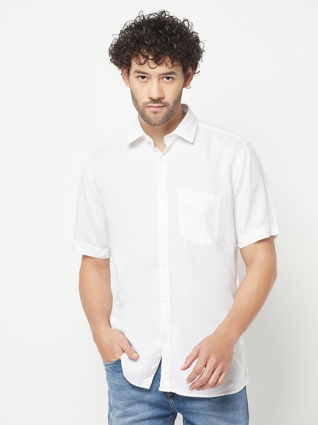 

Crimsoune Club Spread Collar Cotton Linen Casual Shirt, White