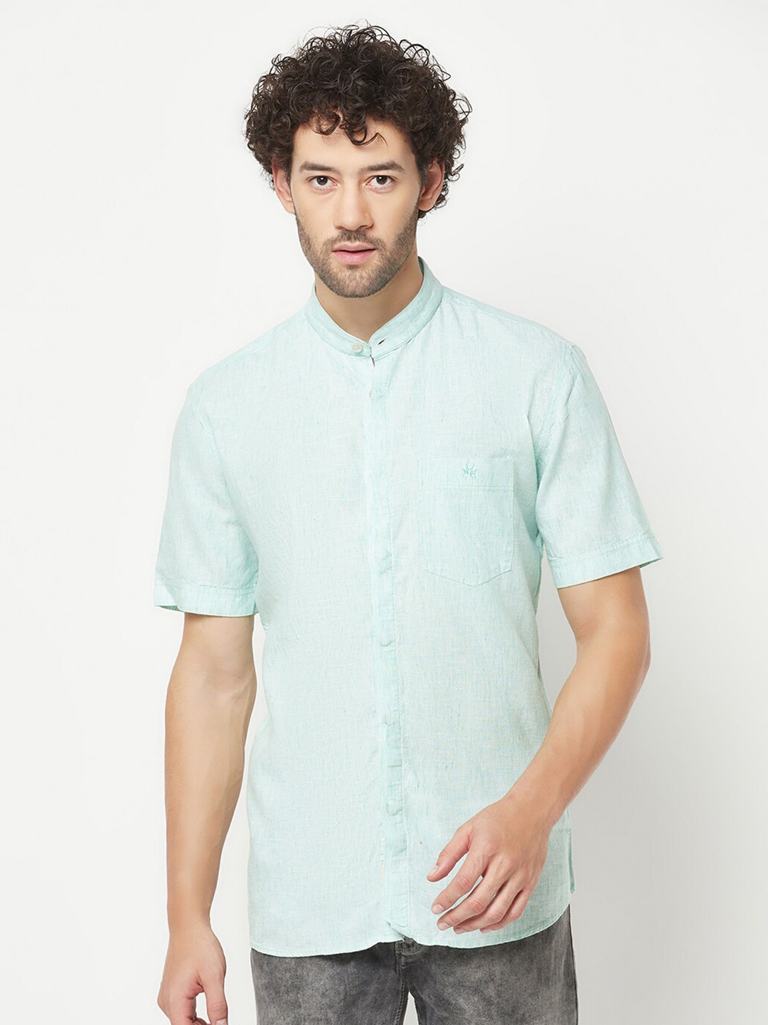

Crimsoune Club Slim Fit Mandarin Collar Casual Shirt, Green