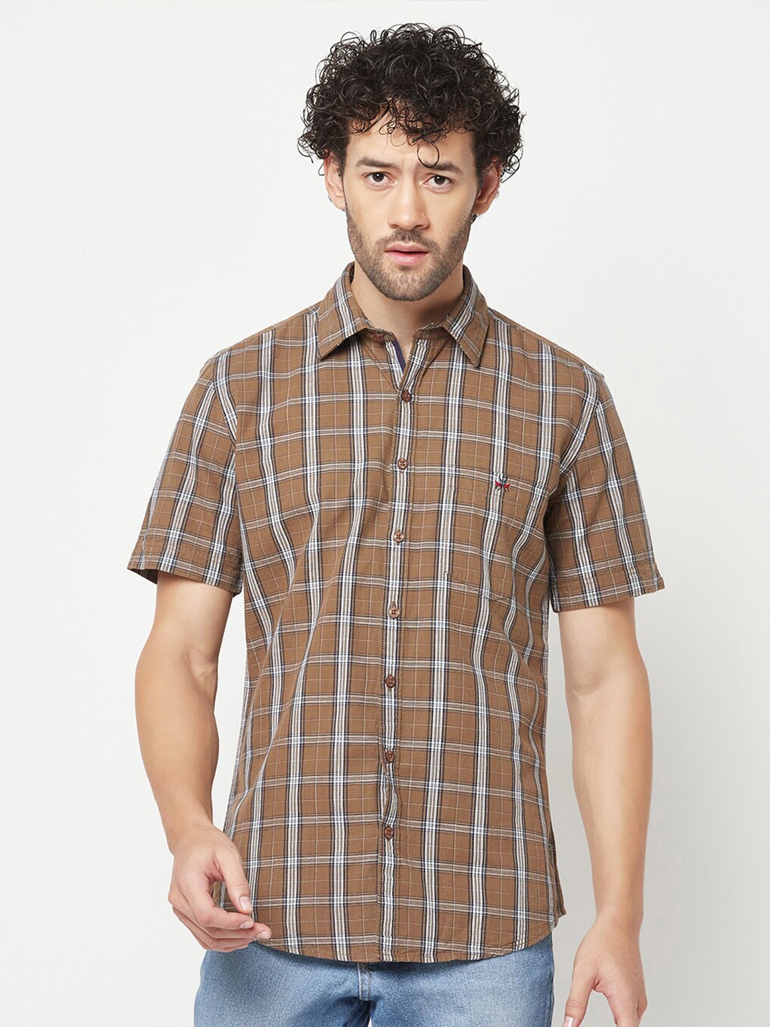 

Crimsoune Club Slim Fit Opaque Checked Pure Cotton Casual Shirt, Brown