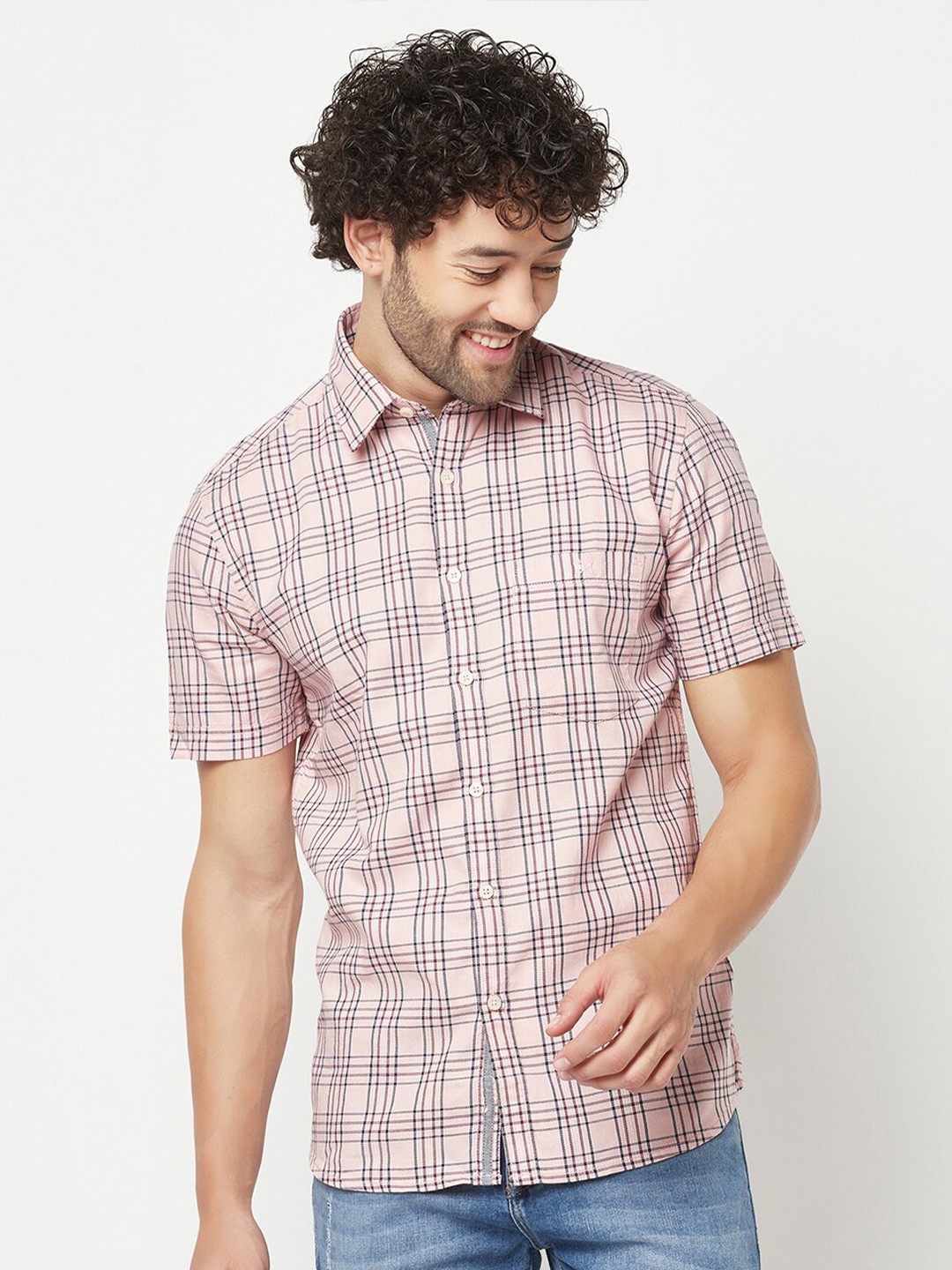 

Crimsoune Club Slim Fit Checked Cotton Casual Shirt, Peach