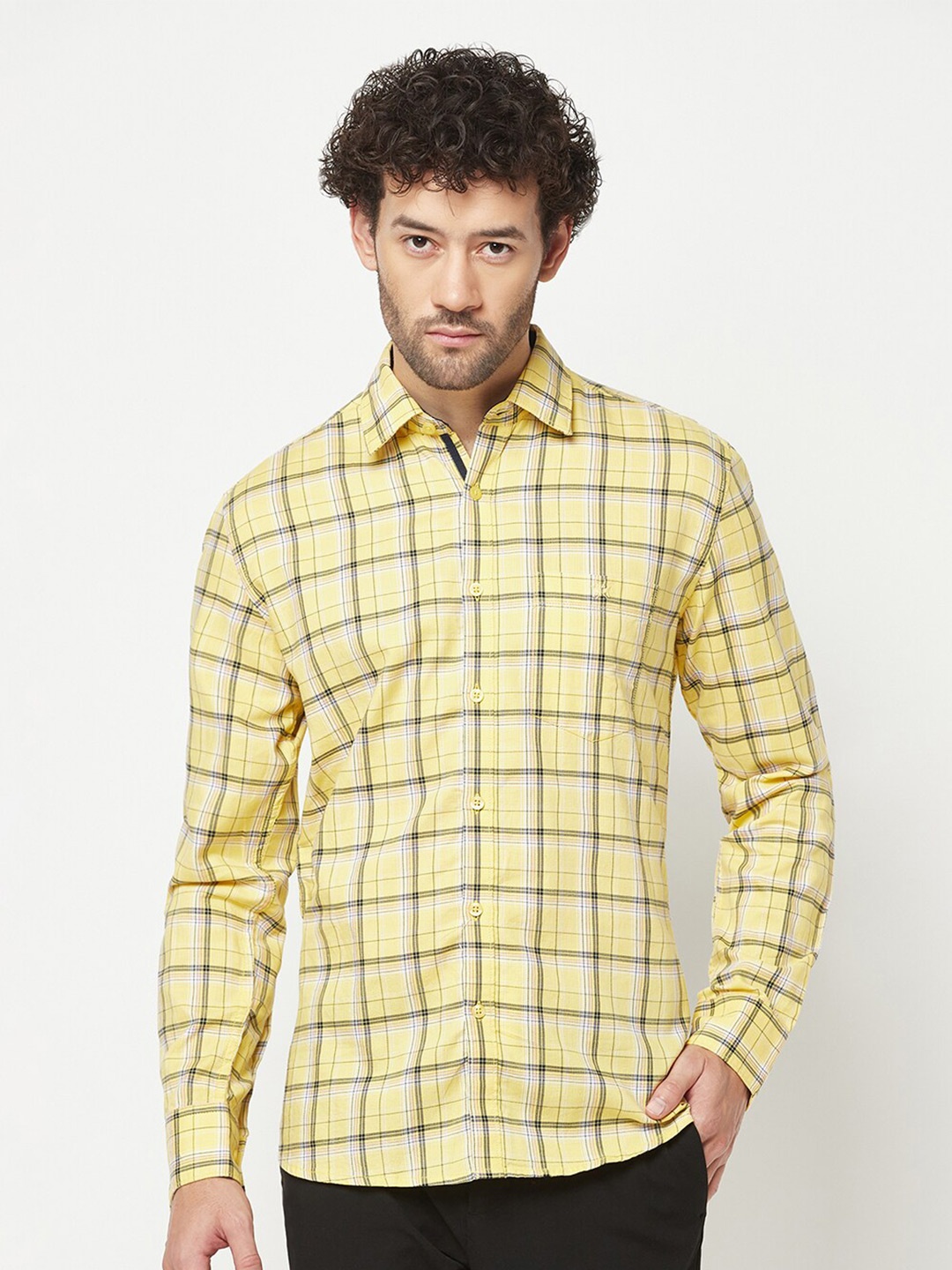 

Crimsoune Club Slim Fit Checked Cotton Casual Shirt, Yellow
