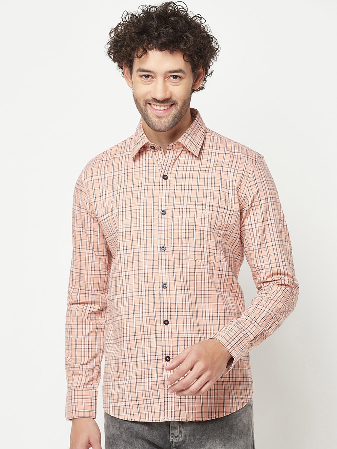 

Crimsoune Club Slim Fit Checked Casual Pure Cotton Shirt, Peach