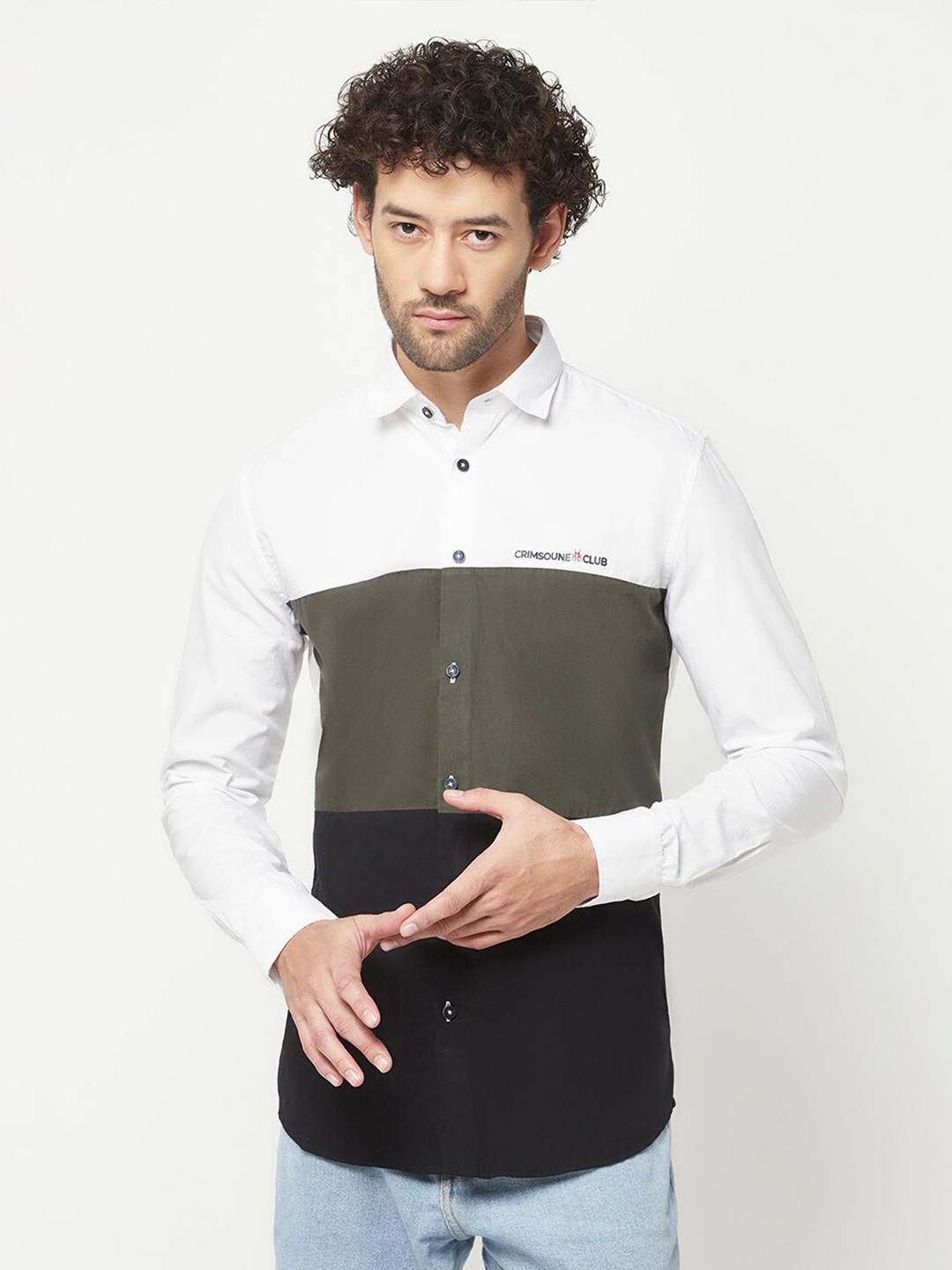 

Crimsoune Club Slim Fit Colourblocked Pure Cotton Casual Shirt, White