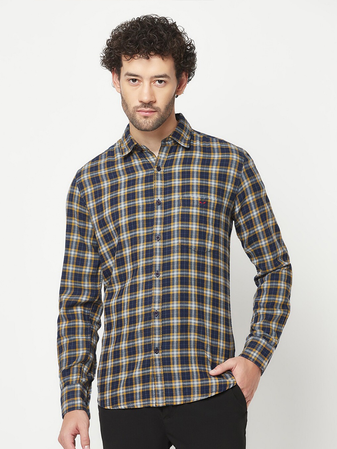 

Crimsoune Club Slim Fit Tartan Checked Pure Cotton Casual Shirt, Mustard