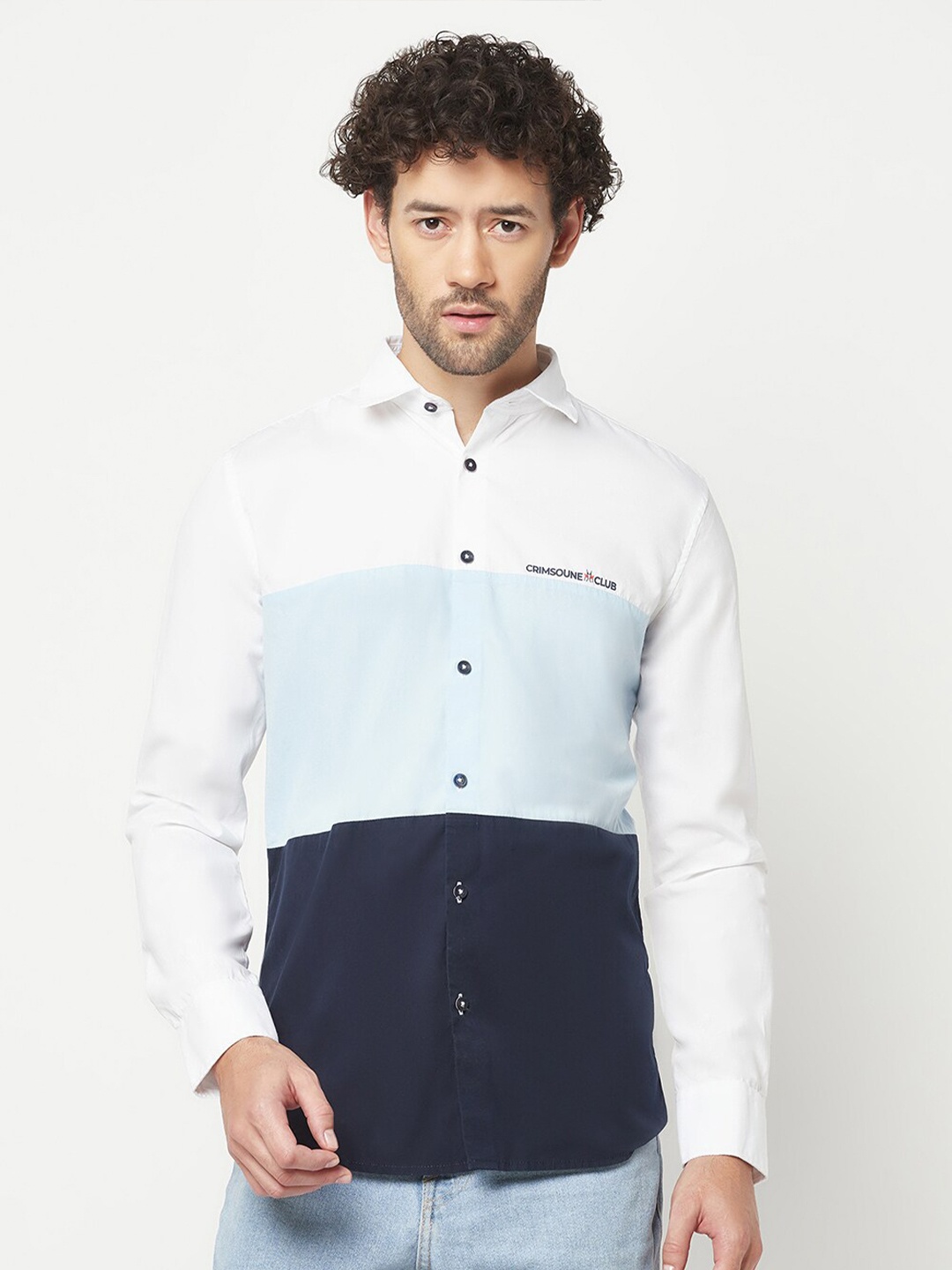 

Crimsoune Club Slim Fit Colourblocked Pure Cotton Casual Shirt, White