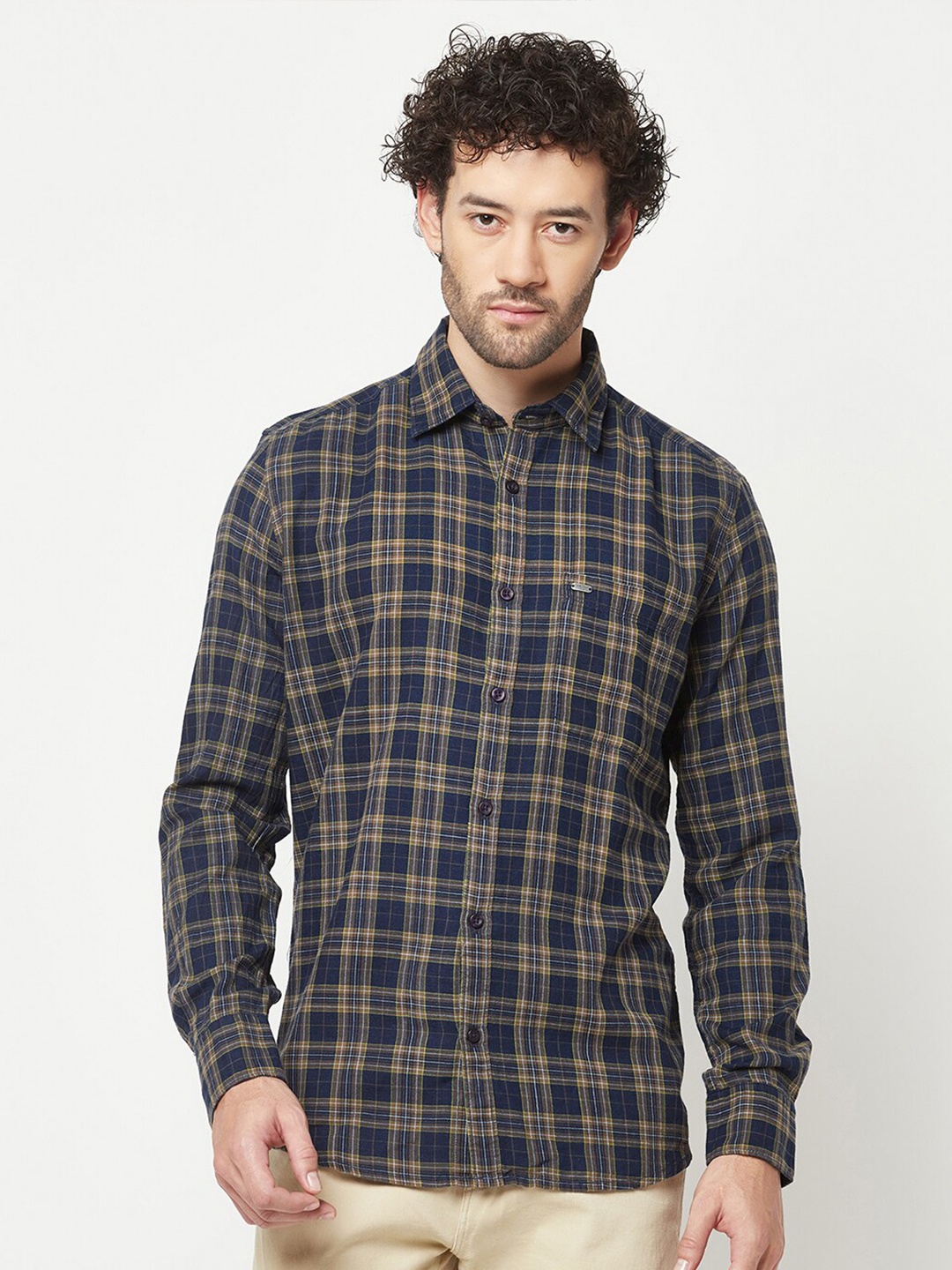 

Crimsoune Club Slim Fit Checked Pure Cotton Casual Shirt, Olive