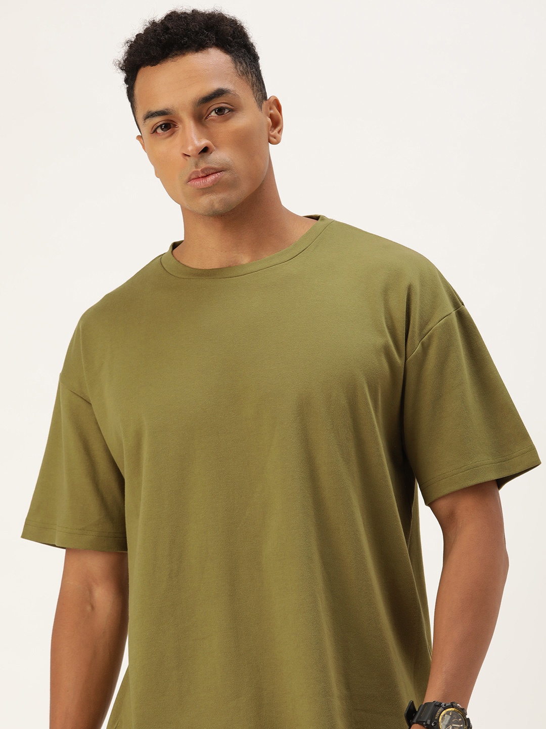 

Bene Kleed Men Drop-Shoulder Sleeves Oversized Pure Cotton T-shirt, Olive