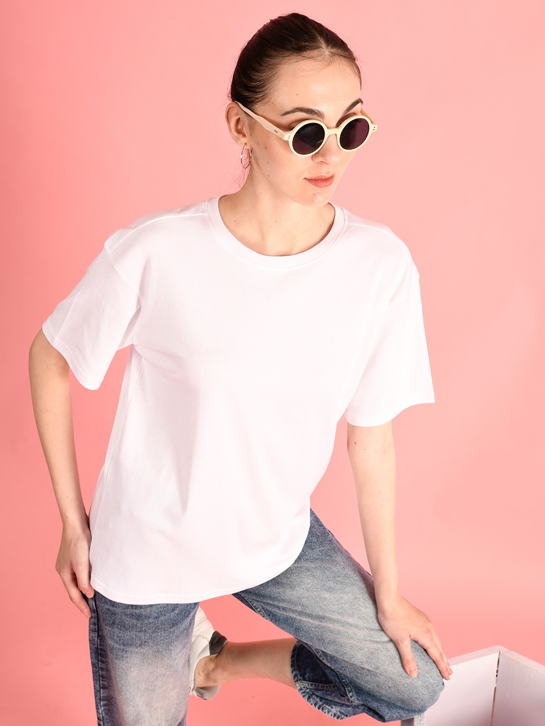 

Bene Kleed Women Drop-Shoulder Sleeves Oversized Pure Cotton T-shirt, White