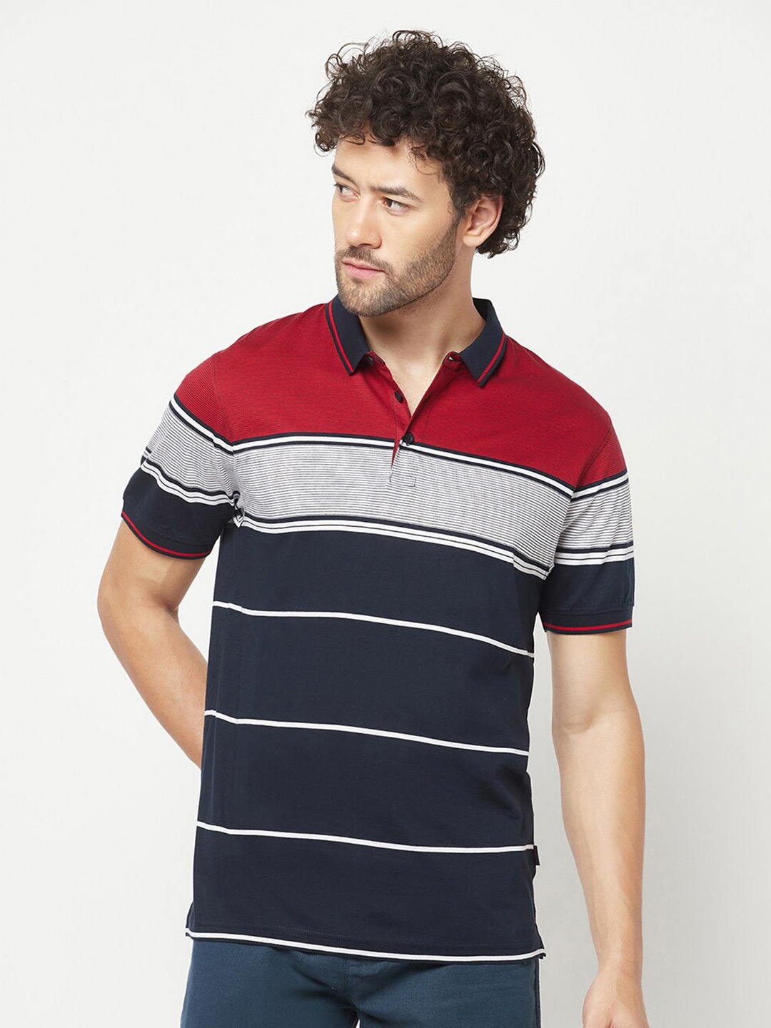 

Crimsoune Club Striped Polo Collar Pure Cotton Slim Fit T-shirt, Navy blue
