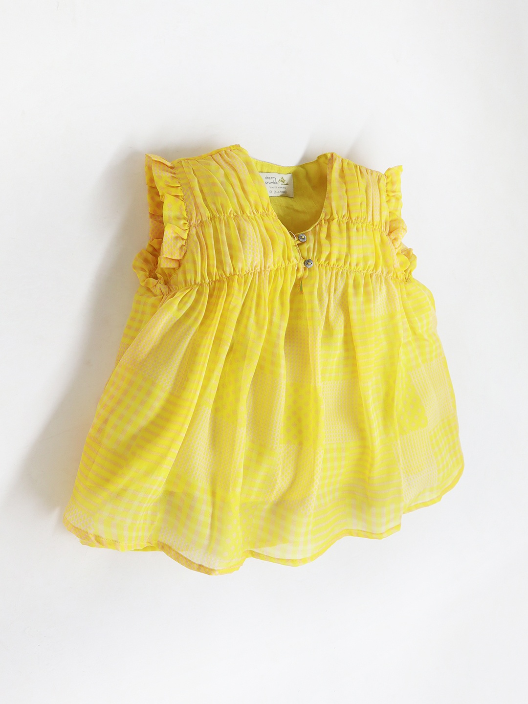 

Cherry Crumble Girls Self Design V-Neck Sleeveless Smocking Top, Mustard