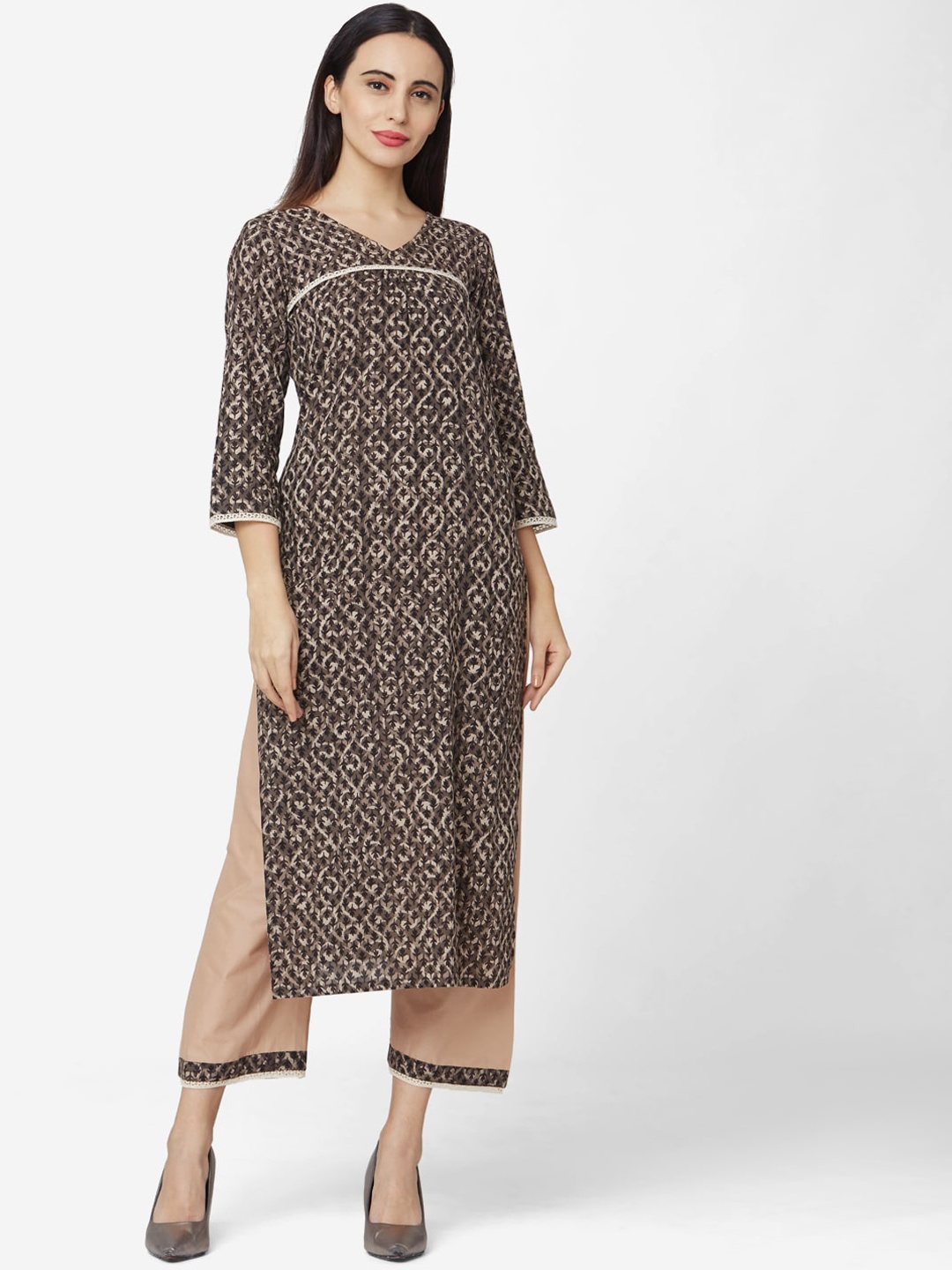 

KALINI Ethnic Motifs Printed Pure Cotton Kurta With Palazzos, Brown