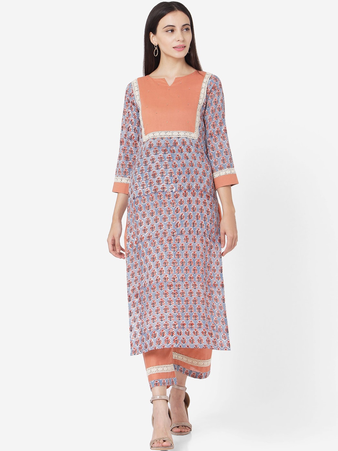 

KALINI Women Ethnic Motifs Printed Cotton Regular Kurta with Trousers, Blue