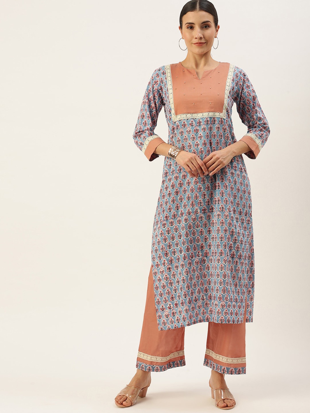 

KALINI Ethnic Motifs Printed Beads & Stones Pure Cotton Kurta With Trousers, Blue