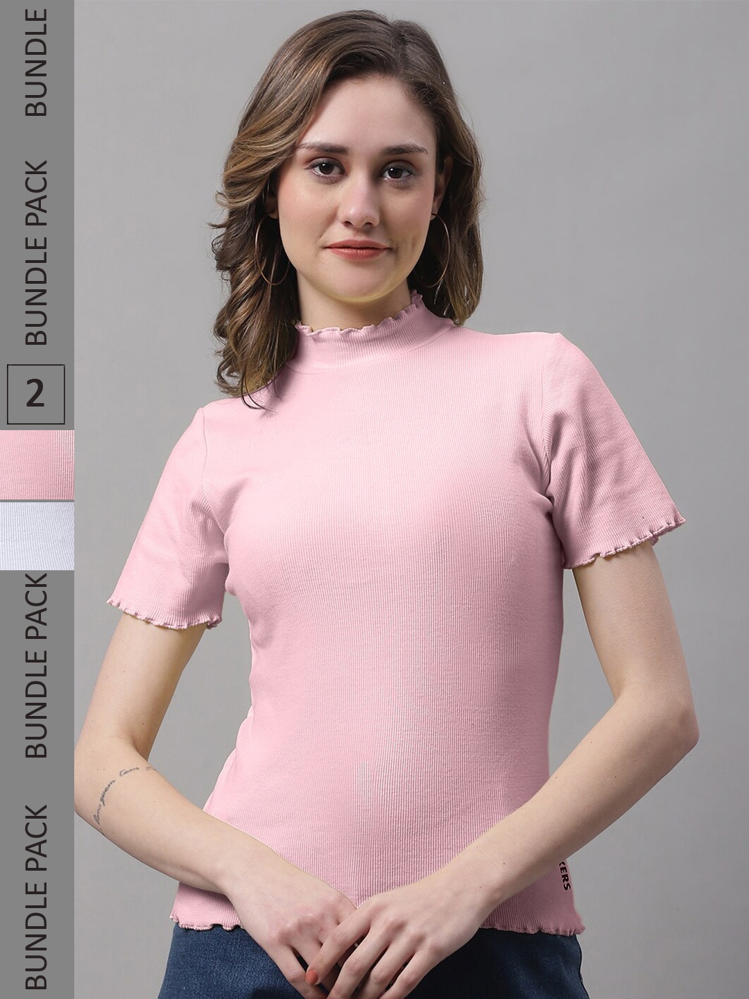 

FBAR Pack Of 2 Turtle Neck Cotton Fitted Top, Pink