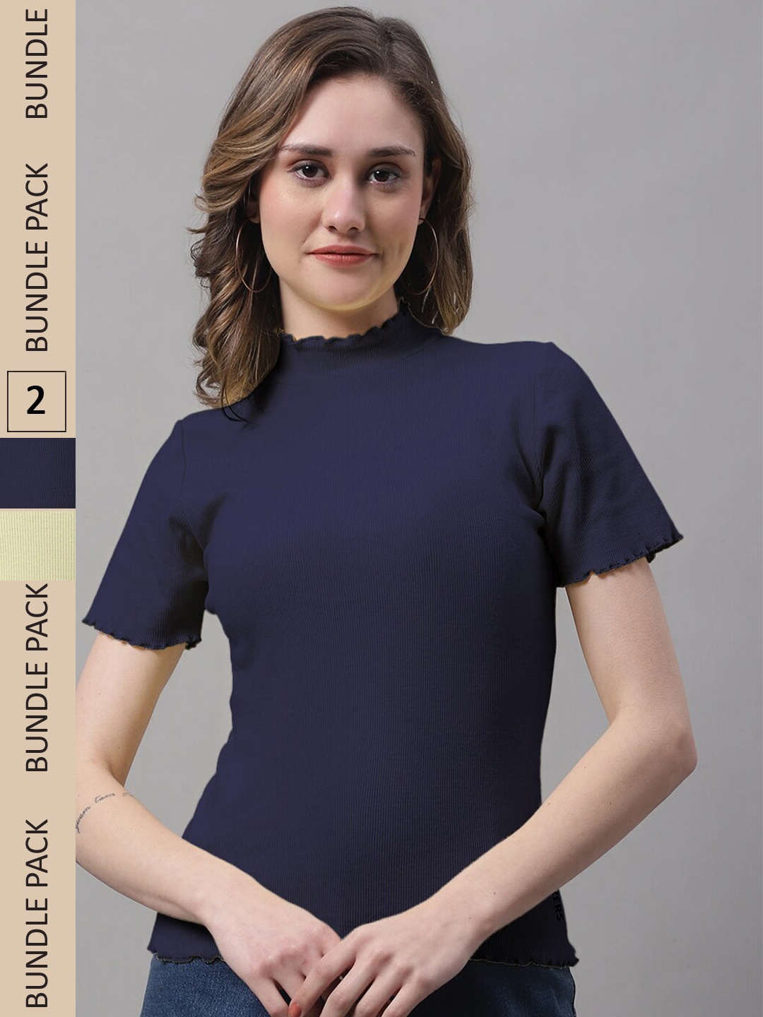 

FBAR Pack Of 2 High Neck Cotton Top, Navy blue