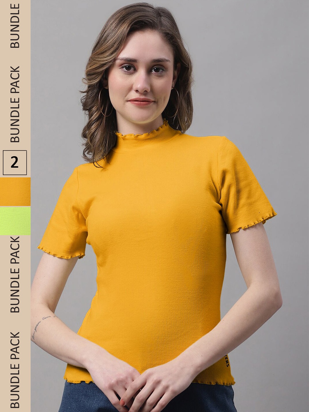 

FBAR Pack Of 2 High Neck Cotton Fitted Top, Mustard