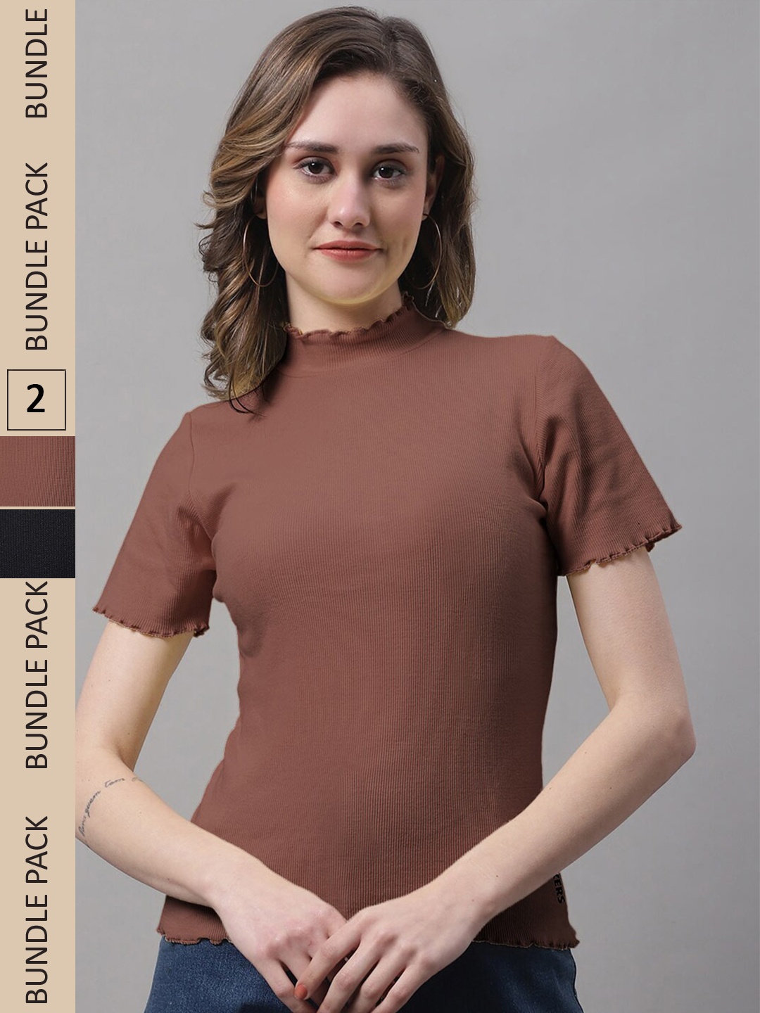 

FBAR Pack of 2 High Neck Rib Cotton Tops, Black