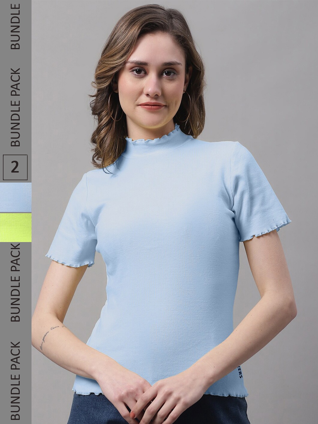 

FBAR Pack Of 2 High Neck Bio Wash Cotton Regular Top, Green