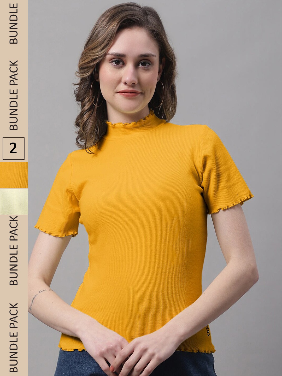 

FBAR Pack Of 2 High Neck Cotton Fitted Top, Yellow