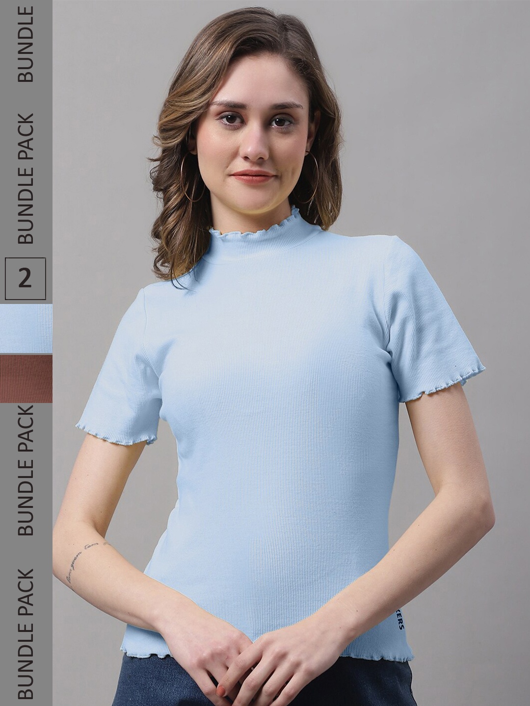 

FBAR Pack Of 2 Turtle Neck Cotton Rib Regular Top, Brown