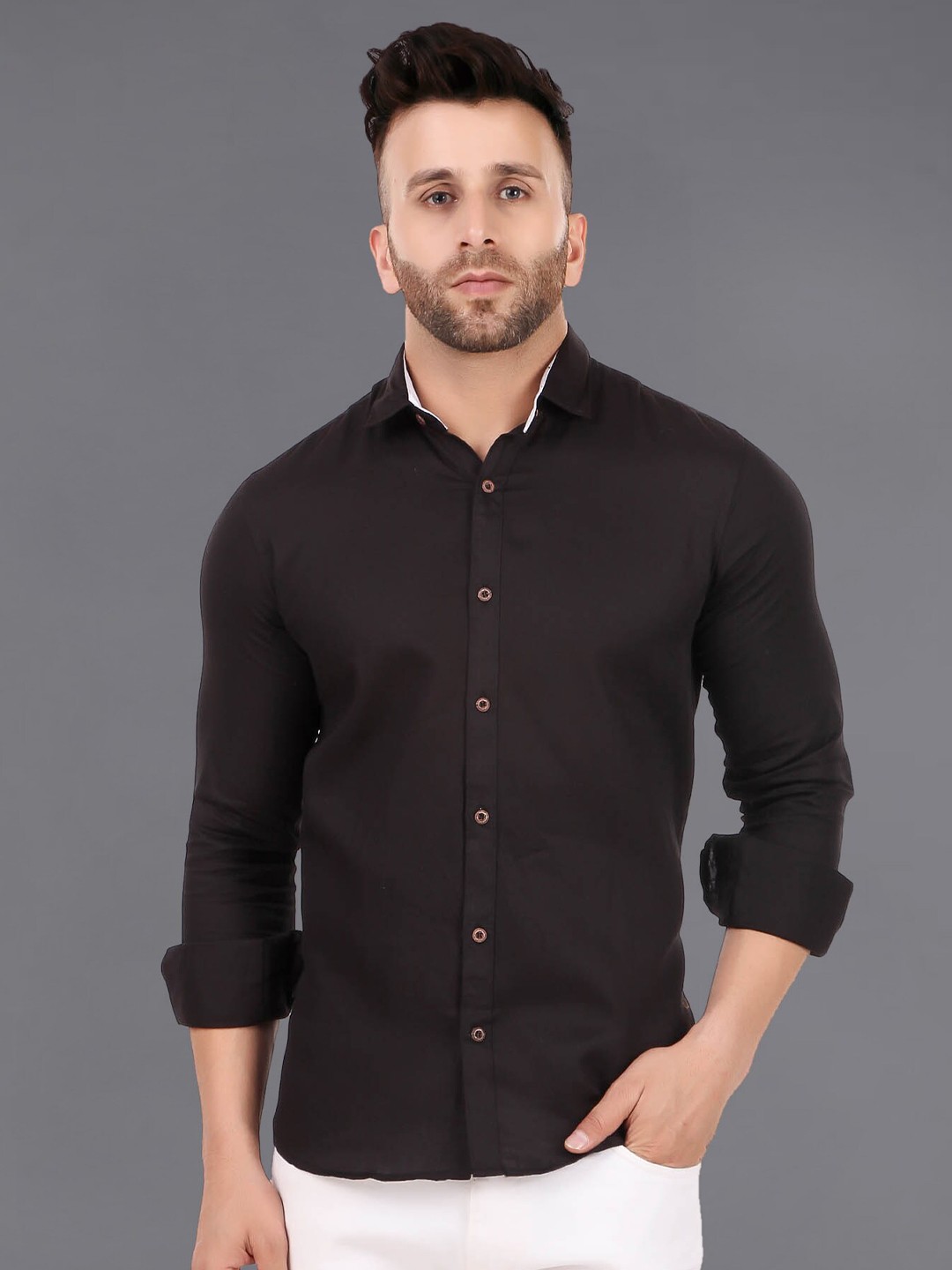 

ADWYN PETER Shirt Collar Cotton Casual Shirt, Black