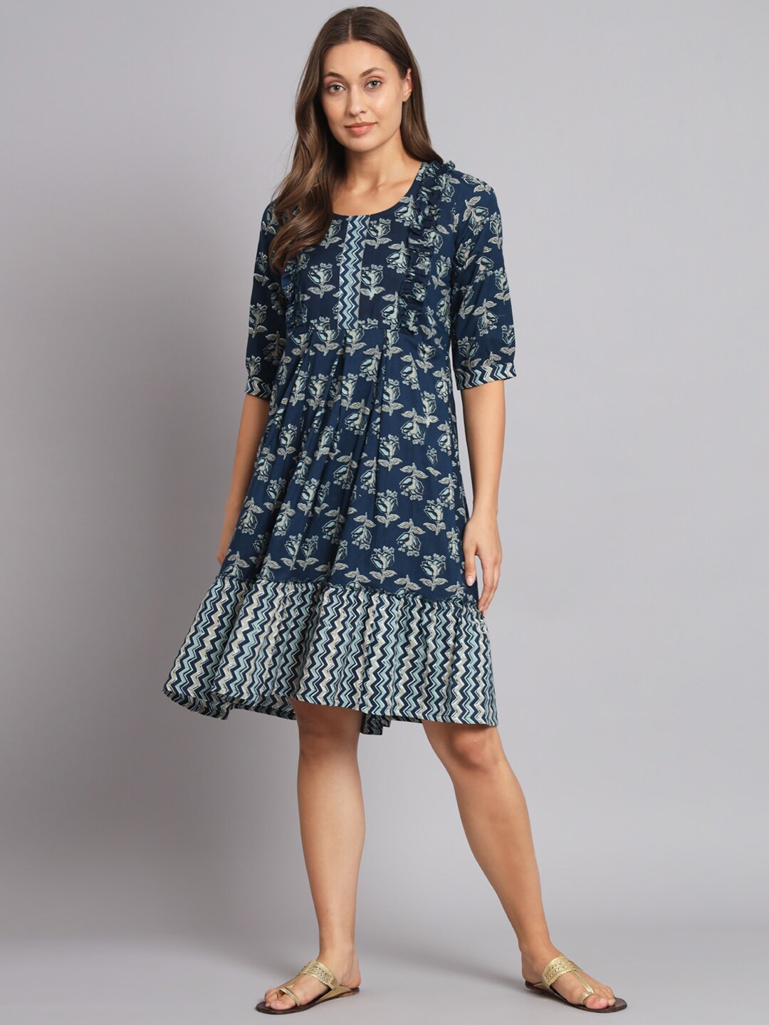 

Vastralay Blue Floral Print A-Line Dress
