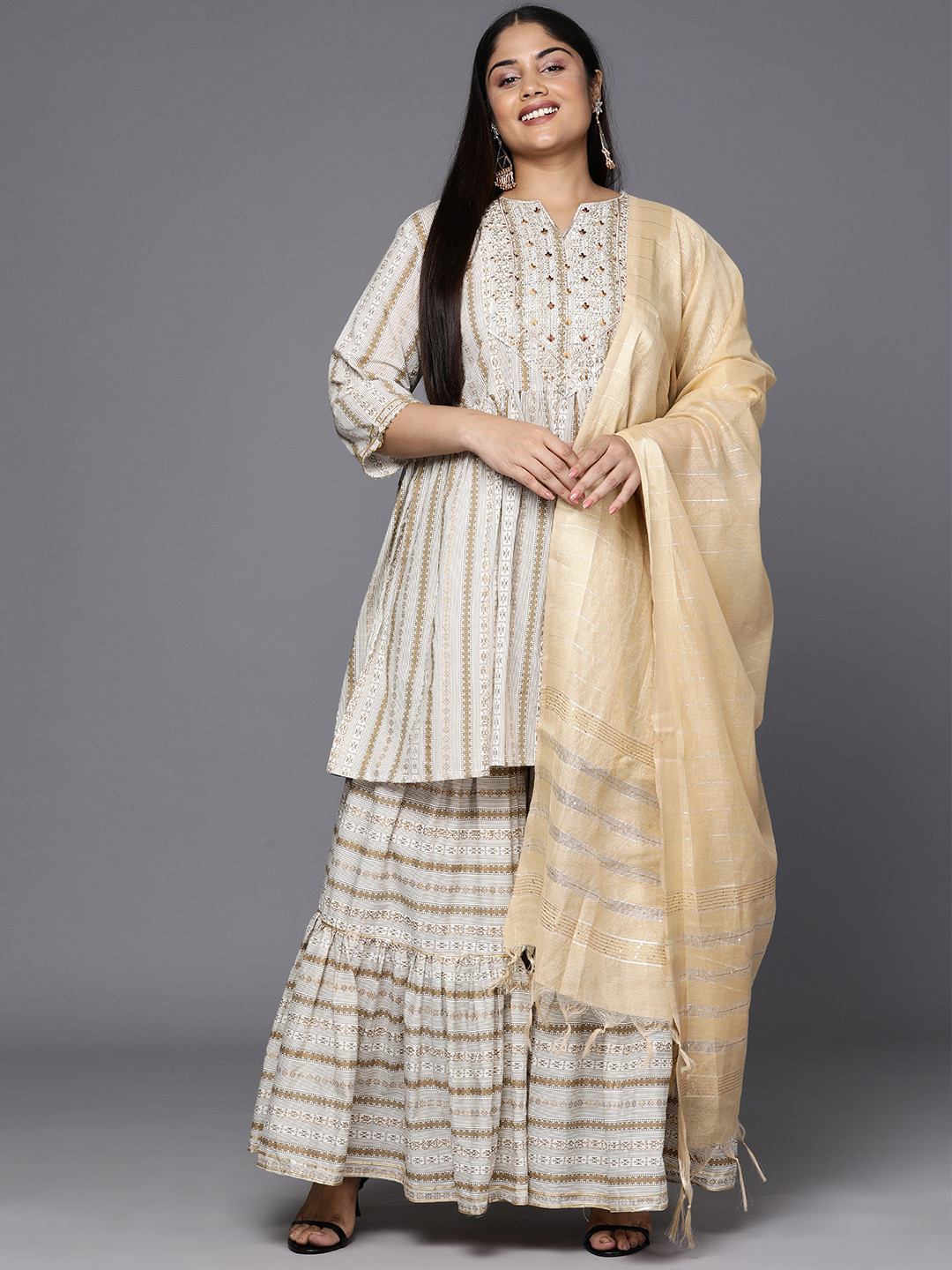

Indo Era Plus Size Printed Zari Kurti with Sharara & Dupatta, Off white