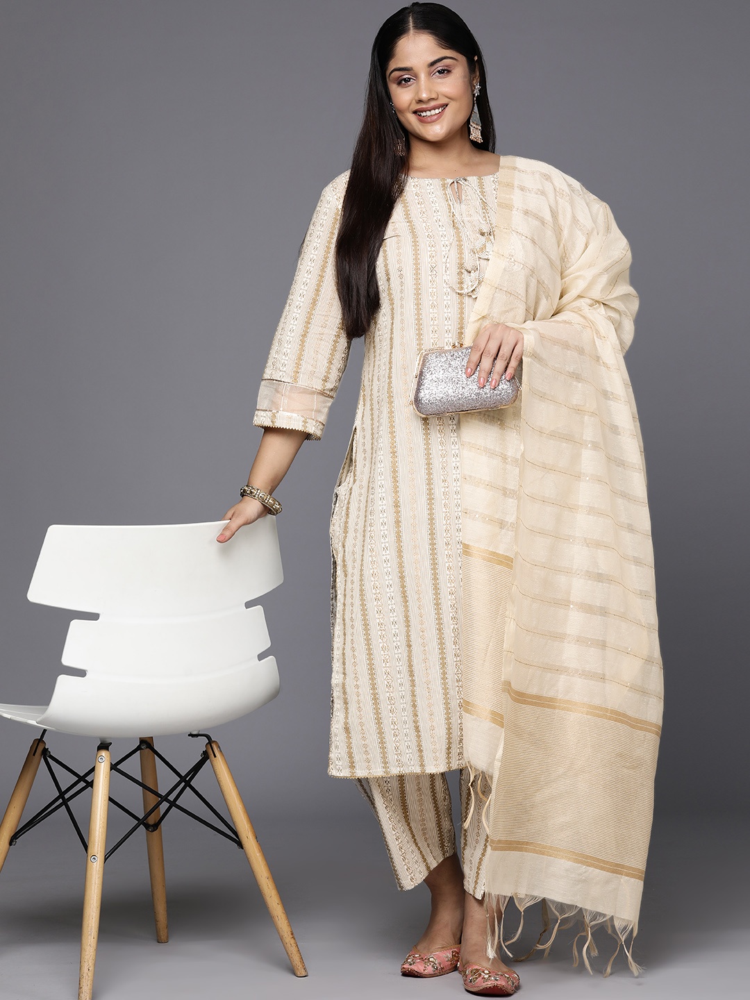 

Indo Era Plus Size Printed Tie-Up Neck Kurta with Palazzos & Dupatta, Off white