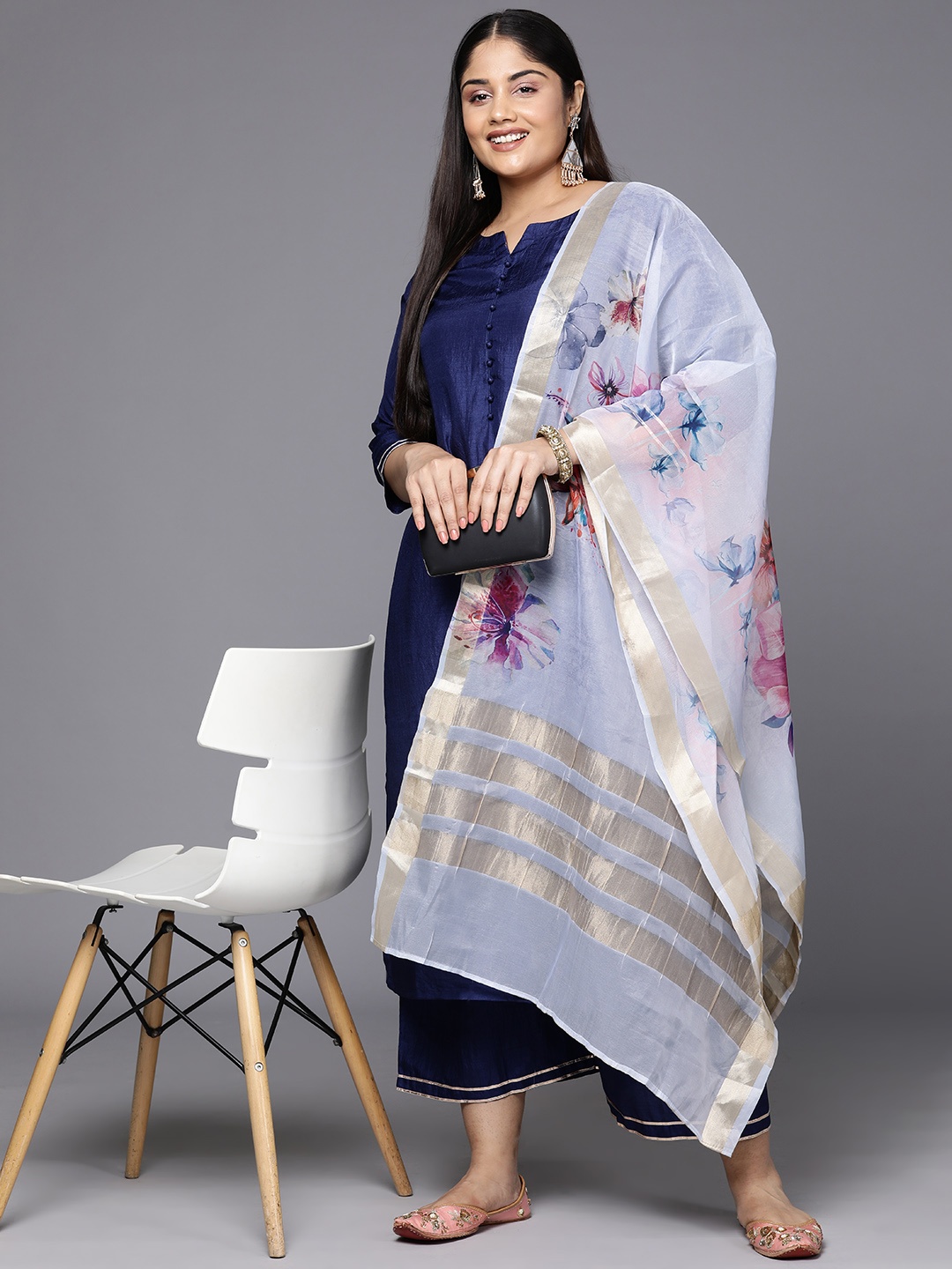 

Indo Era Plus Size Kurta with Palazzos & Dupatta, Navy blue